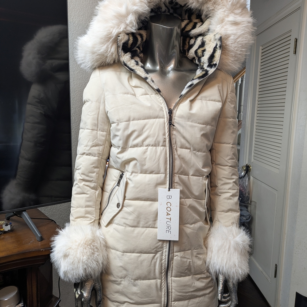 Women's Beige Fur-Trimmed Puffer Coat
